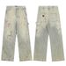 Vintage Spray-Dyed Dirty Logging Destroyed Knife Cut Unisex Washed Denim Pants_mkmklike.com