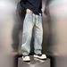 Men's Light Blue Distressed Denim Jeans Relaxed Fit High Street Straight Leg Pants With Drawstring Waist Vintage Style_mkmklike.com