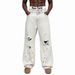 Men's White Distressed Jeans High Street Style Ripped Spray Painted Loose Straight Leg Long Pants From The Crotch_mkmklike.com
