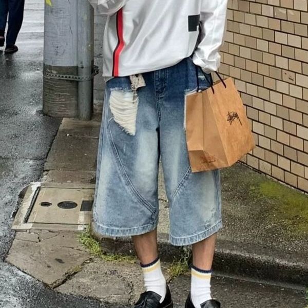 Distressed Ripped Denim Capri For Women Summer Street High Waist Loose Straight Casual Wide Leg Pants_mkmklike.com