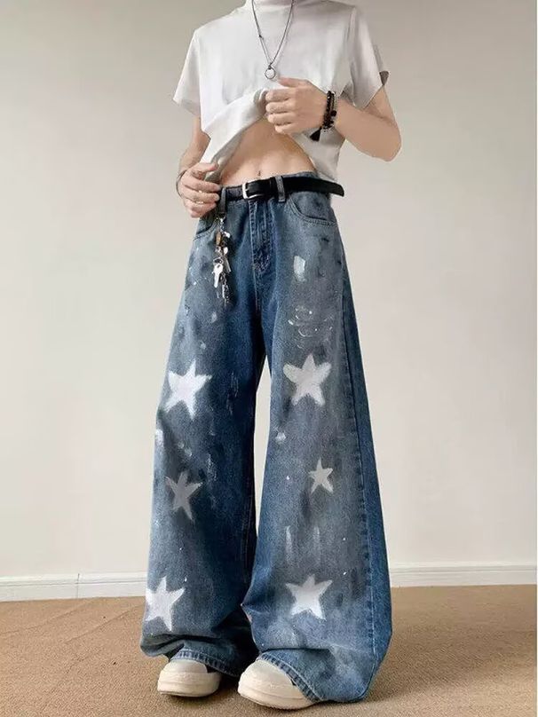 Graffiti Star Paint-Splattered Jeans – Distressed Straight-Leg Denim (Unisex Vintage Wide-Leg, Button Fly, Washed Finish, Street Art Aesthetic)_mkmklike.com