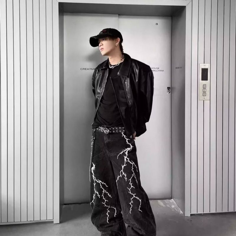 Men's Textured Lightning Embroidered Straight Leg Jeans High Street Slimming Trousers Trendy Brand Loose Wide Leg Floor Length_mkmklike.com