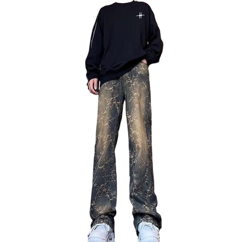 Bramble Jacquard Jeans American High Street Vibe Pants Men's Washed Straight Bib Pants_mkmklike.com