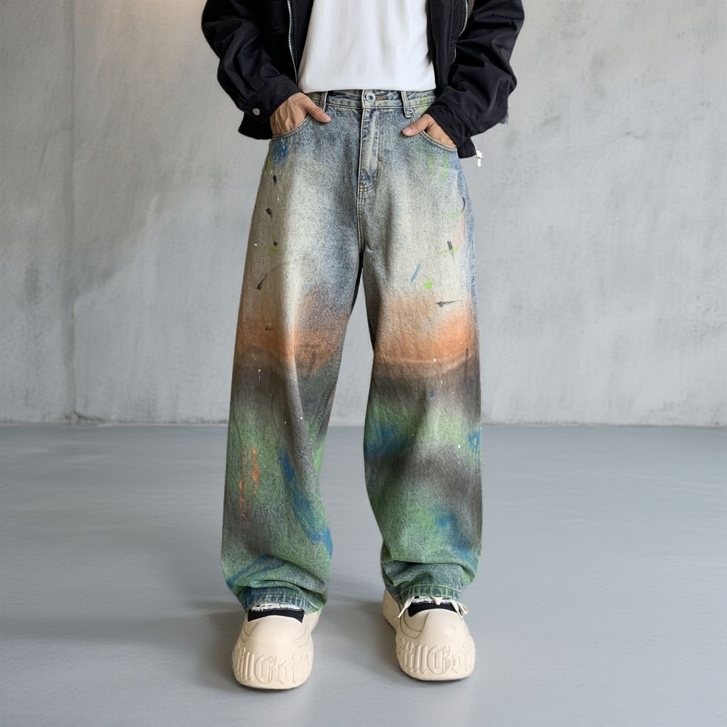 Men's Clothing Style Denim Trendy Loose Straight Leg Personalized Tie Dye Iridescent Washed Midweight Cotton Jeans_mkmklike.com