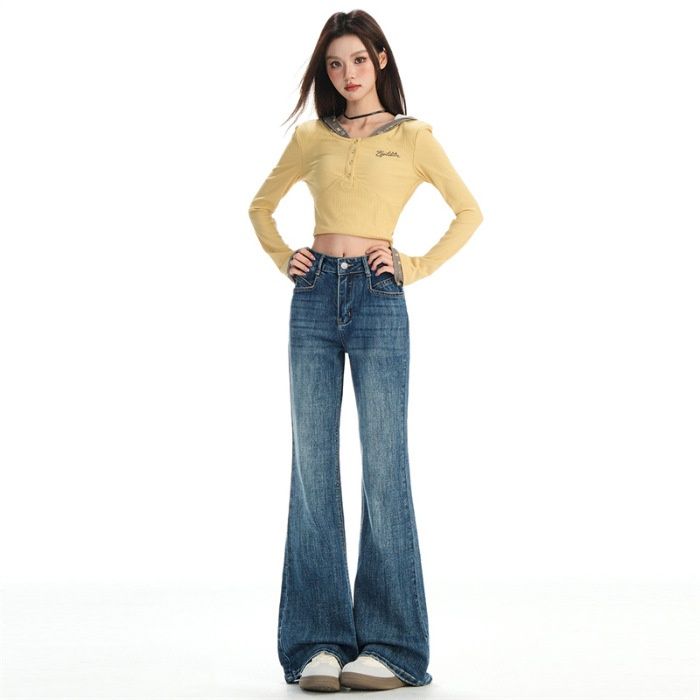Retro Blue Stretchy Sweet And Spicy High-Waisted Flared Jeans For Women, New Early Autumn Style, Non-Tight-Fitting,_mkmklike.com