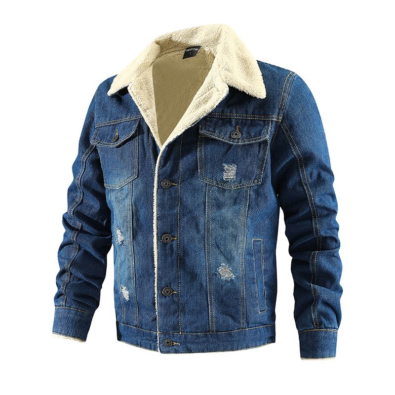 Men's Vintage Washed Denim Jacket – Slim Fit Cotton Blend With Thickened Lining (M-XXL) – Retro Workwear Style For Winter_mkmklike.com