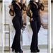 Women's Clothing elegant mesh sleeves V neck button pockets high waist lace up solid color slim jumpsuit_mkmklike.com