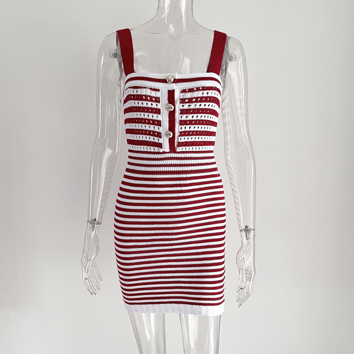 Women's Clothing Self-designed button hollow stripe strappy sweater skirt _mkmklike.com