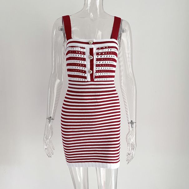 Women's Clothing Self-designed button hollow stripe strappy sweater skirt _mkmklike.com