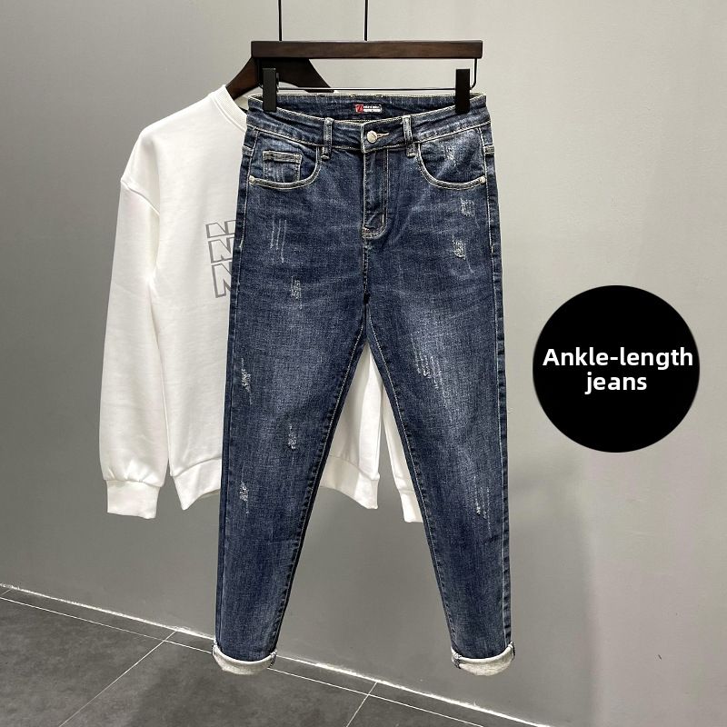 Men's Slim Fit Distressed Jeans Washed Dark Blue Cropped Trousers Trendy Versatile New Spring Autumn Style_mkmklike.com