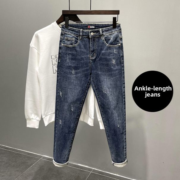 Men's Slim Fit Distressed Jeans Washed Dark Blue Cropped Trousers Trendy Versatile New Spring Autumn Style_mkmklike.com