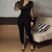 new solid color V neck mesh slim long sleeved jumpsuit trousers large stock_mkmklike.com