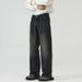 Men's Retro Black And Gray Elastic Waist Jeans Loose Straight Leg Wide Leg Floor Length Pants Unisex_mkmklike.com