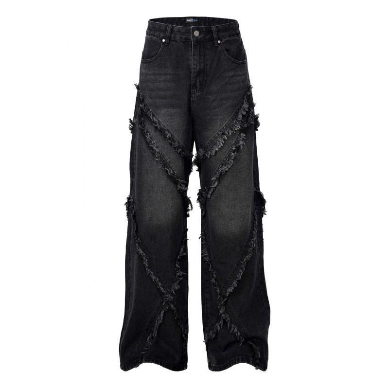 Unisex Distressed Denim Jeans - High Street Washed Straight Leg Pants With Whiskering & Patchwork_mkmklike.com