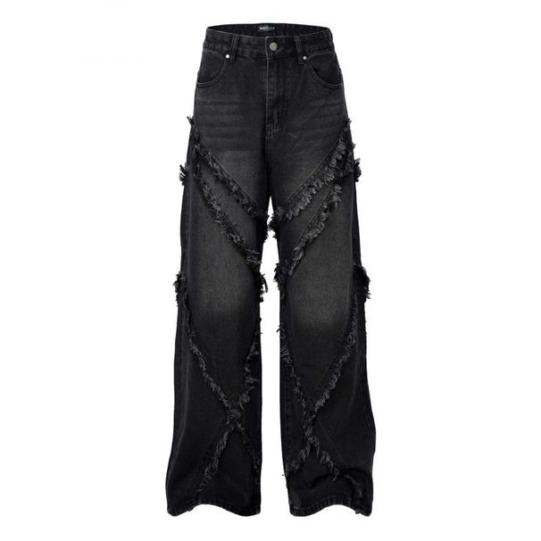 Unisex Distressed Denim Jeans - High Street Washed Straight Leg Pants With Whiskering & Patchwork_mkmklike.com