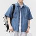 Men's Clothing Retro Solid Color Lapel Buttoned Short Sleeved Denim Shirt Neutral Washed Distressed Five Point Sleeve Loose Shirt_mkmklike.com