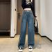 Women's Clothing High-Waisted Wide Leg Jeans Color-Block Pockets Loose Fitting Straight Leg Frayed Edges Petite Floor-Length Design_mkmklike.com
