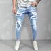 Men's Distressed Cat Whisker Patchwork Jeans – Slim Fit Stretch Denim, Vintage Wash (Cotton, Straight Leg, Streetwear Essential)_mkmklike.com