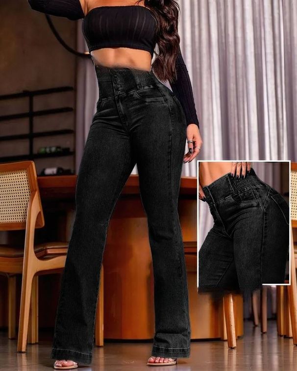 Women's Clothing Elastic Waist High Waist Button Stretch Tight Flared Denim Trousers_mkmklike.com