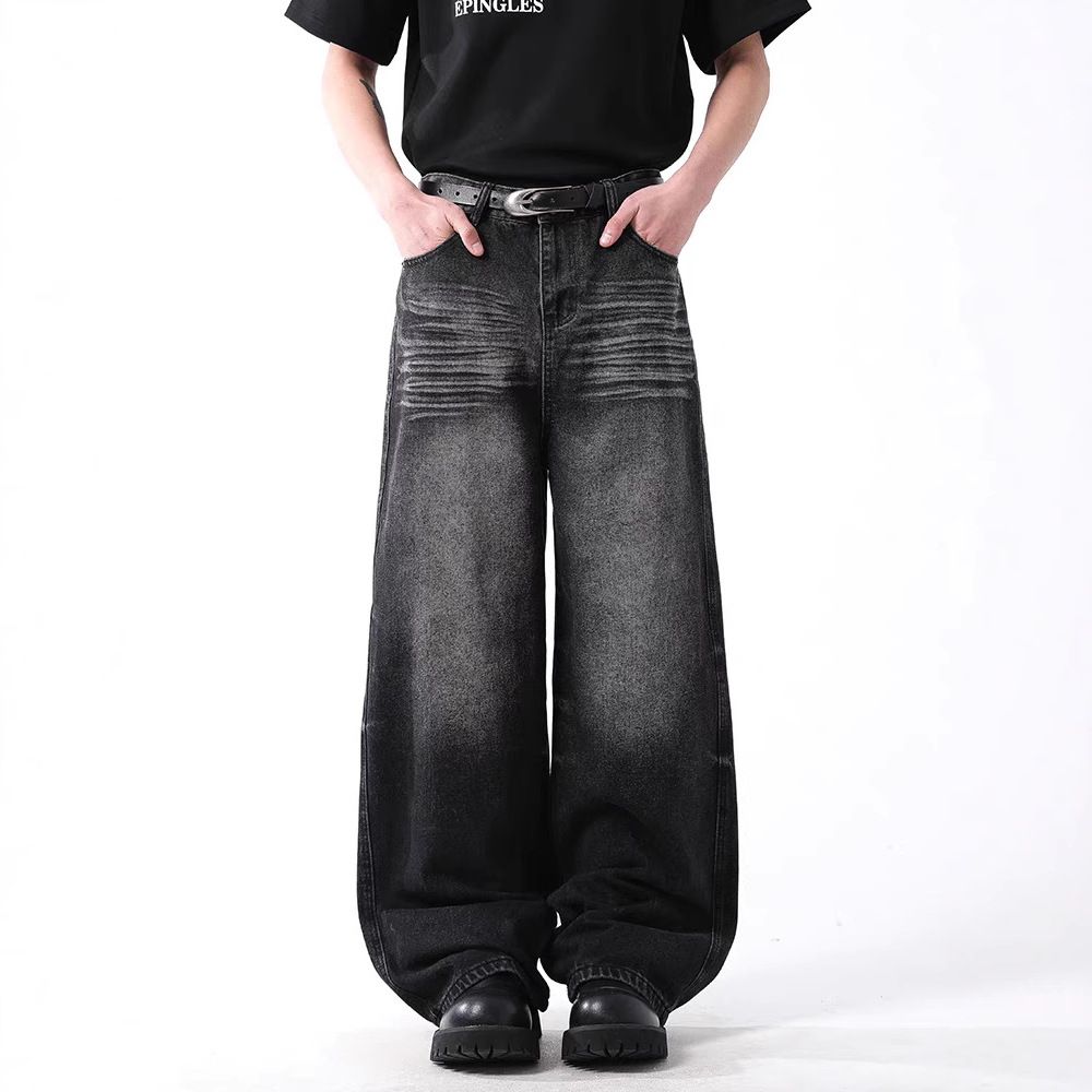 High Street Vintage Washed Denim Jeans – Loose Straight Leg, Unisex, 82% Cotton, Mid-Rise, Distressed Whiskering, Black & Coffee, S-XXL_mkmklike.com