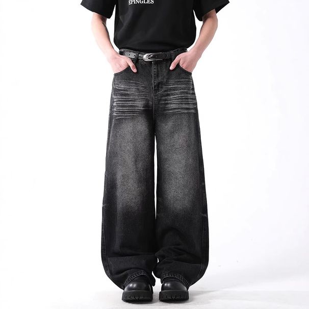 High Street Vintage Washed Denim Jeans – Loose Straight Leg, Unisex, 82% Cotton, Mid-Rise, Distressed Whiskering, Black & Coffee, S-XXL_mkmklike.com