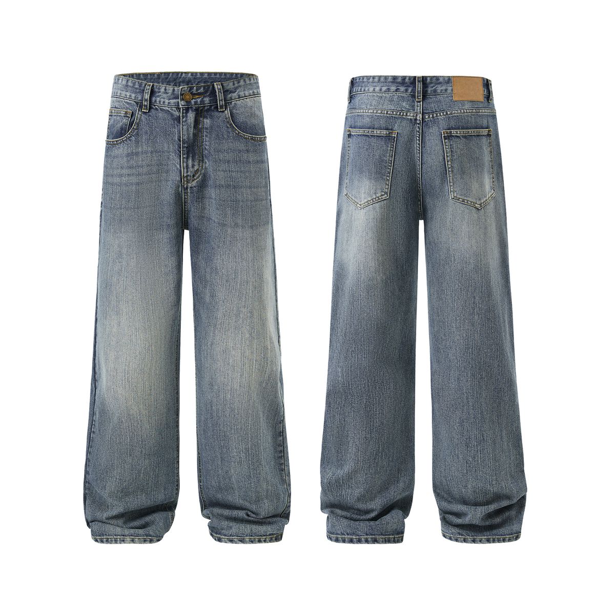 Men's Relaxed Straight-Leg Jeans – Vintage Washed Denim With Slub Cotton Texture & Mid-Rise Fit For Casual Streetwear_mkmklike.com