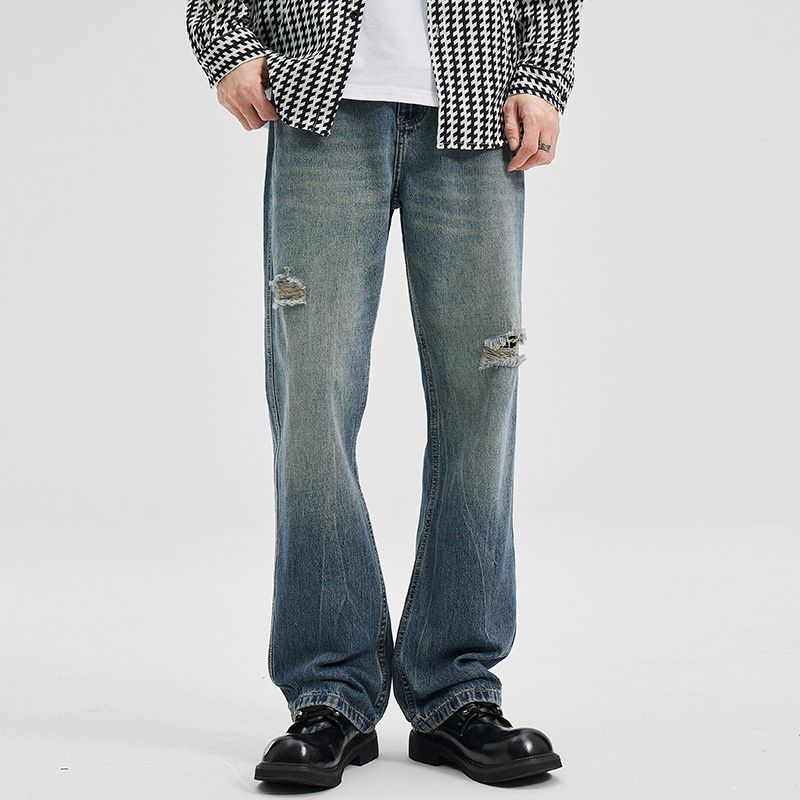 Pure Muqiu Men's Clothing | 2024 Spring New Flared Ripped Jeans For Men Ins Loose Washed Retro Bell Bottoms_mkmklike.com