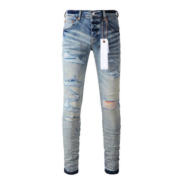Men's American High Street Fashion Style Distressed Light Blue Stretch Skinny Damaged Holes Raw Hems Button Fly Ripped_mkmklike.com
