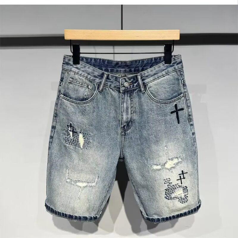 Men's Casual Embroidered Patch Denim Shorts - Relaxed Fit Straight Leg Mid-Length Summer Hip-Hop Style_mkmklike.com