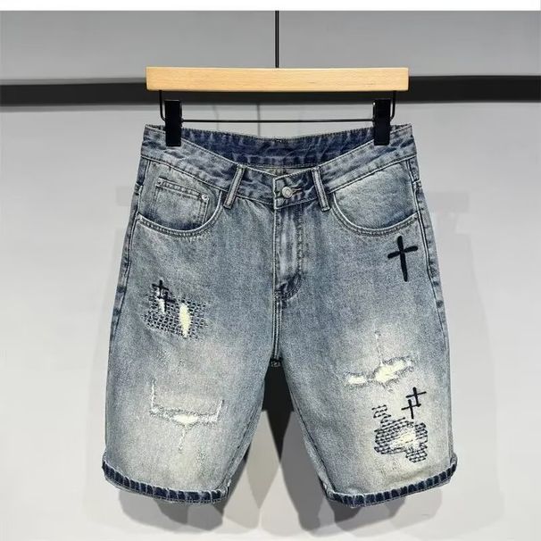 Men's Casual Embroidered Patch Denim Shorts - Relaxed Fit Straight Leg Mid-Length Summer Hip-Hop Style_mkmklike.com