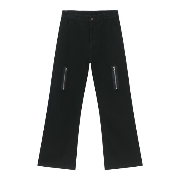 EF JEANS | 2024 New European And American High Street Zipper Splicing Fried Street Micro-speaker Straight Pure Black Jeans_mkmklike.com