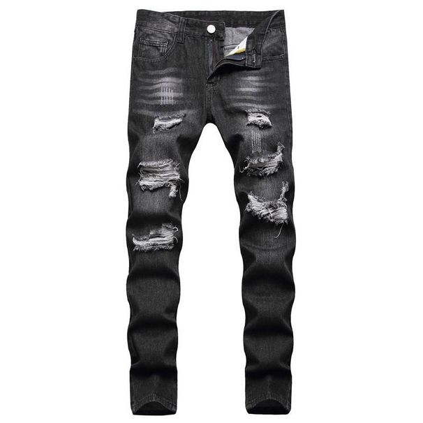 Men's Vintage Black Straight Jeans – Mid Waist Non-Stretch Denim With Multi-Hole Details (Retro Casual Fit)_mkmklike.com