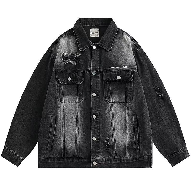 Distressed Denim Jacket - Oversized Hip-Hop Style With Embroidery & Ripped Details, Unisex Streetwear Coat For Men & Women_mkmklike.com