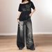 Women's Clothing Print Contrast Low Waist Vintage Gothic Print Low-Rise Loose Straight-Leg Washed Distressed Denim Jeans For Streetwear Enthusiasts_mkmklike.com