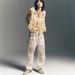 Women's Fashion High Waist Straight Leg Jeans Patchwork Appliqué Ink Splatter Washed American Retro Style Drawstring_mkmklike.com