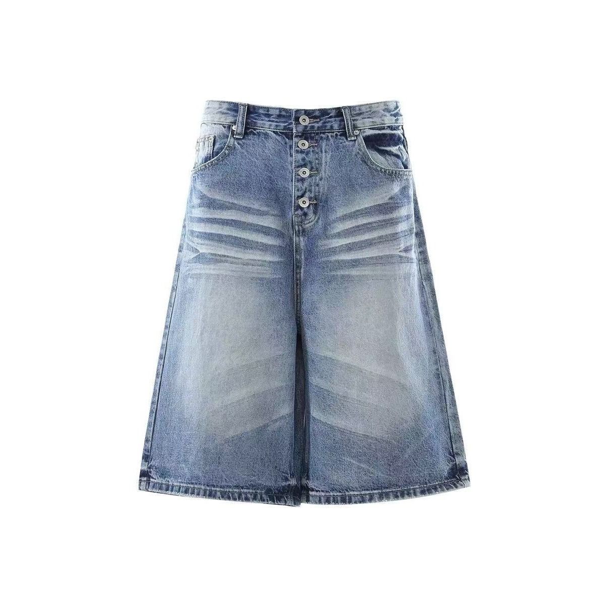 Unisex Vintage Washed Denim Capri Pants Relaxed Straight Leg Jeans for Hip-Hop Streetwear_mkmklike.com