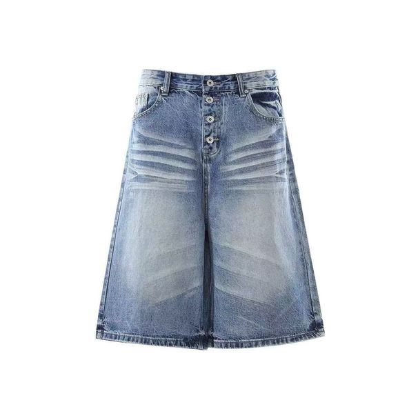 Unisex Vintage Washed Denim Capri Pants Relaxed Straight Leg Jeans for Hip-Hop Streetwear_mkmklike.com