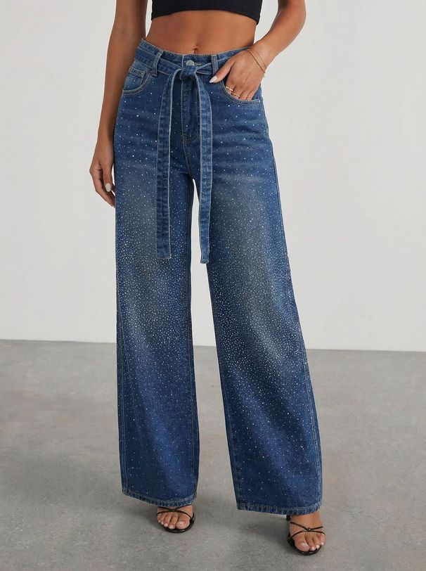 Women's High-Waisted Wide-Leg Jeans With Rhinestone Embellishments - Vintage Washed Denim Pants For Casual & Streetwear Style_mkmklike.com