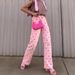 Women's Clothing Pink Heart Patterned Wide Leg Jeans Slim Fit European American Style_mkmklike.com