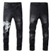 Men Bandana Paisley Print Patches Jeans Gray Stretch Denim Skinny Tapered Pants Holes Ripped Distressed Trousers_mkmklike.com