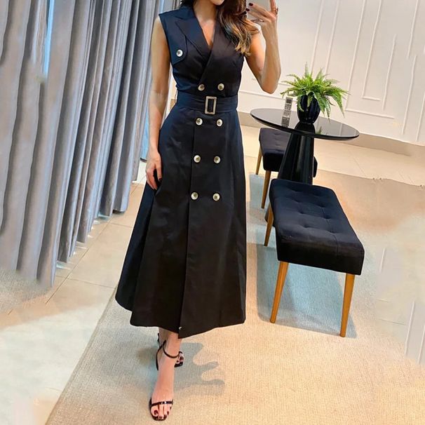 Women's Clothing style fashionable solid color multi-button design sleeveless long skirt_mkmklike.com