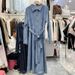 Retro Style Slimming Denim Dress For Women With Lapel Collar Topstitching Tie Waist Long Sleeves Spring Summer New_mkmklike.com