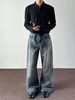 Men's American Style Washed Distressed Wide Leg Jeans Blue Loose Fit Straight Leg Casual Trousers_mkmklike.com