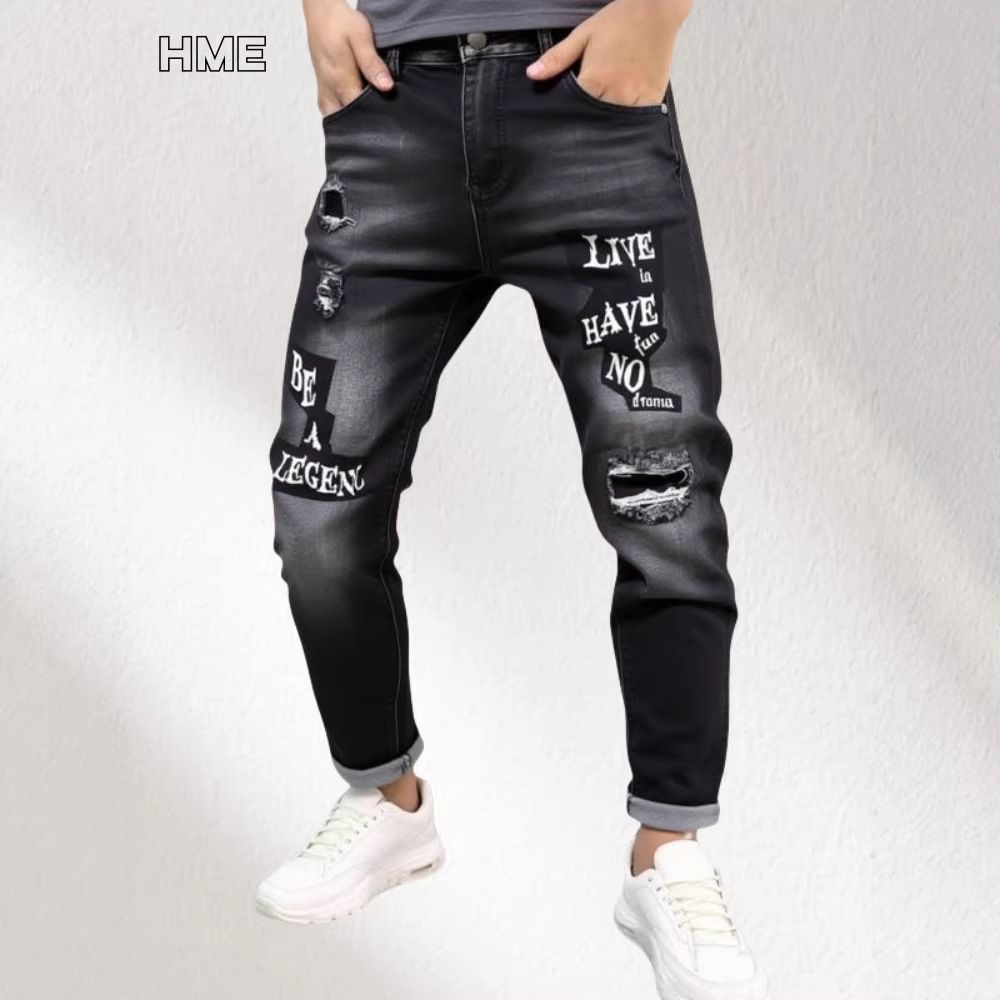 Men's Slim Fit Straight Leg Jeans Streetwear Brand Chrome Hearts Ripped Denim Trousers_mkmklike.com