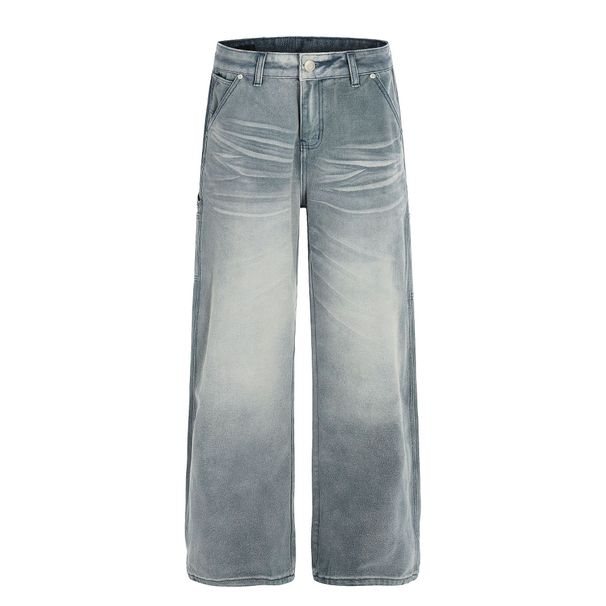 Men's Loose Fit Straight Leg Jeans High Street Style Retro Feel Whiskered Texture Design_mkmklike.com