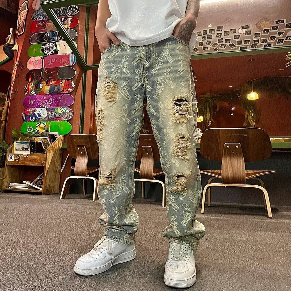 Men's Hip-Hop Streetwear Denim Pants – Distressed Embroidery & Paint Splatter Loose-Fit Jeans (28-36, Vintage Blue)_mkmklike.com
