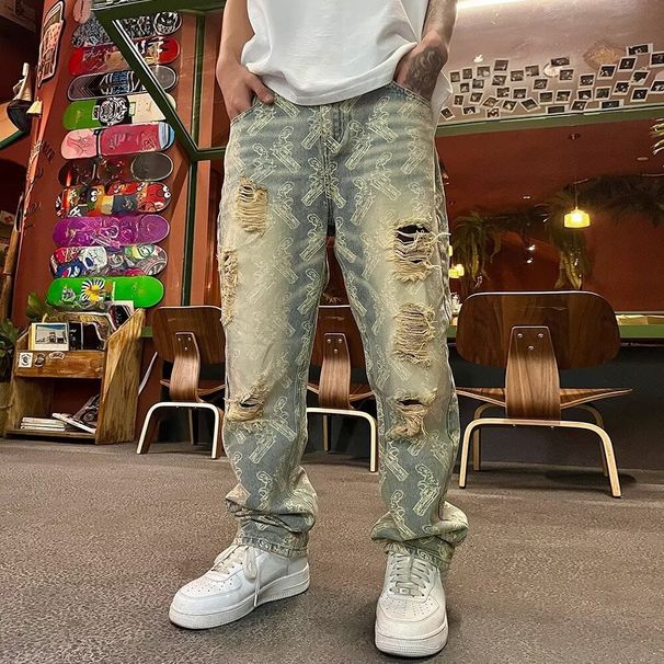 Men's Hip-Hop Streetwear Denim Pants – Distressed Embroidery & Paint Splatter Loose-Fit Jeans (28-36, Vintage Blue)_mkmklike.com