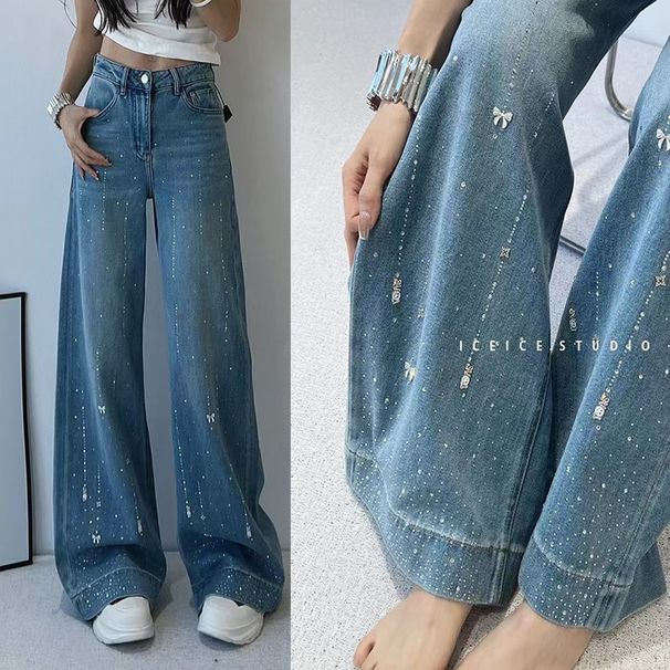 Women's Clothing Early Spring New High Waist Wide Leg Pants Shooting Star Hot Diamond Bow Straight Jeans_mkmklike.com