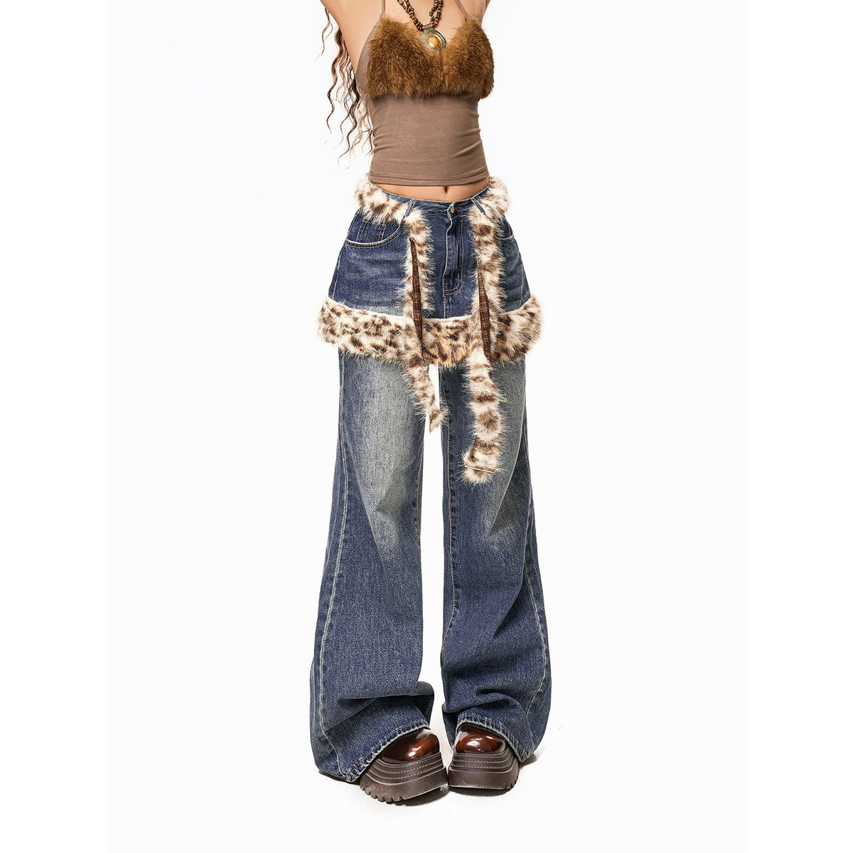 Vintage Leopard Print Fluff Splicing Stacked Fart Curtain Spice Girl Straight Wide Leg Fake Two-piece Jeans_mkmklike.com