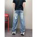 Men's Vintage Washed Denim Pants, Gradient Straight-Leg Jeans With Unique Curved Hem Design For Casual Wear_mkmklike.com